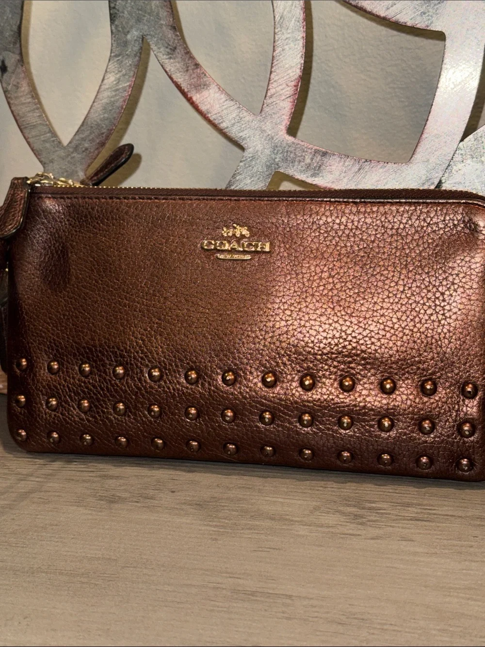 COACH Metallic Bronze-copper Studded Leather Wristlet Clutch